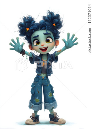 3D cartoon zombie girl waving happily cute outfit isolated on white background 132371034