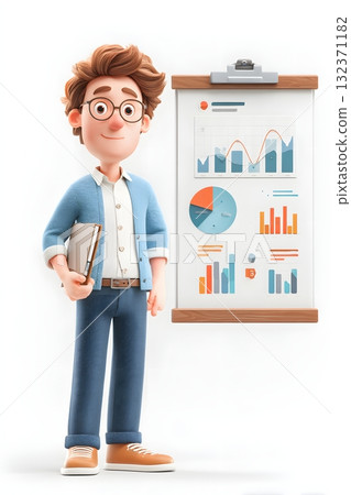 3D cartoon businessman presenting graph on projector screen isolated on white background 3D cartoon businessman presenting graph on projector screen isolated on white background 132371182