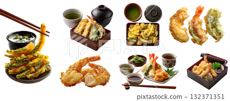 Set of tempura with platter bento, Traditional Japanese crispy batter deep-fried seafood vegetable, on chopsticks basket plate, gift box, many variety, transparent cutout PNG. Mockup template design 132371351