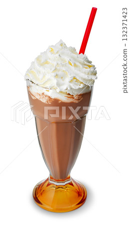 chocolate milkshake in glass with whipped cream and straw isolated on white 132371423