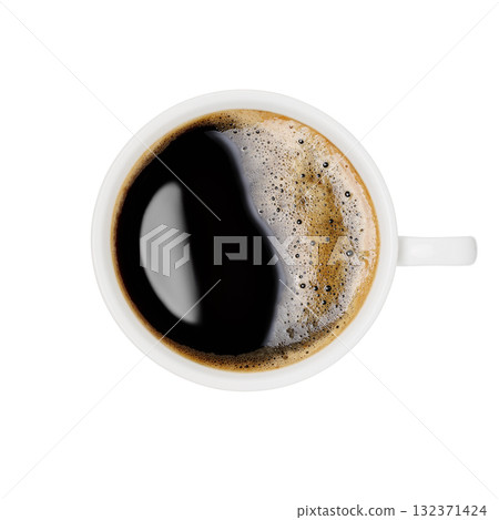 Top view of coffee with foam in ceramic cup isolated on white background Top view of coffee with foam in ceramic cup isolated on white background 132371424