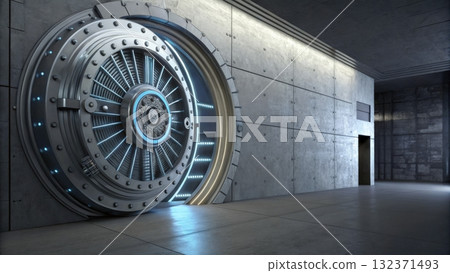 Large metallic vault door with blue lights in a modern security facility hallway 132371493
