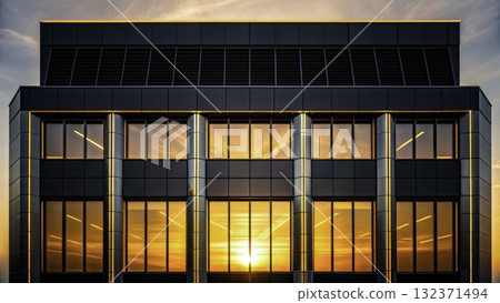 Modern building reflects vibrant sunset colors in urban landscape showcasing architectural design 132371494