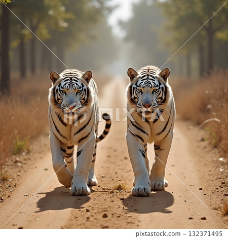 Two tigers walk along a dirt road 132371495