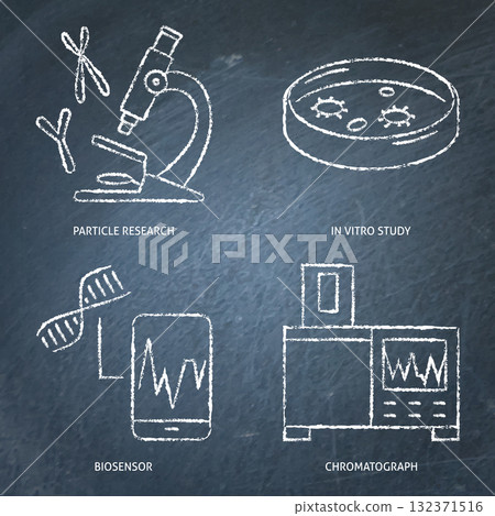 Laboratory analysis and diagnostics chalkboard icon set 132371516