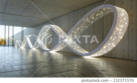 Elegant display of sparkling infinity symbol in modern gallery space during daytime Elegant display of sparkling infinity symbol in modern gallery space during daytime 132371570