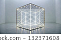 Glowing hexagonal light installation showcasing modern design in a minimalistic indoor space 132371608