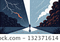 Contrast of light and darkness in a stormy landscape with a figure standing between 132371614