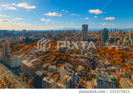 Autumn leaves overlooking the cityscape towards Mount Fuji from New Man Takanawa 132371621