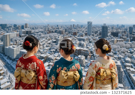 Snowy scenery overlooking the cityscape towards Mount Fuji from New Man Takanawa 132371625