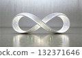 White infinity symbol glowing on smooth surface with soft reflections and shimmering effects 132371646