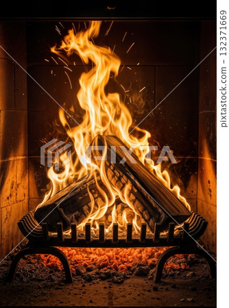 Crackling fireplace flames burning wood logs creating warm cozy atmosphere with dancing fire and glowing embers in home interior hearth 132371669