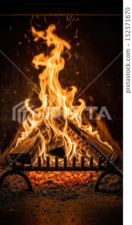 Crackling fireplace flames burning wood logs creating warm cozy atmosphere with dancing fire and glowing embers in home interior hearth 132371670