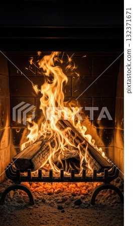 Crackling fireplace flames burning wood logs creating warm cozy atmosphere with dancing fire and glowing embers in home interior hearth 132371671