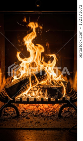 Crackling fireplace flames burning wood logs creating warm cozy atmosphere with dancing fire and glowing embers in home interior hearth 132371672