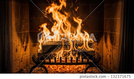 Crackling fireplace flames burning wood logs creating warm cozy atmosphere with dancing fire and glowing embers in home interior hearth 132371675