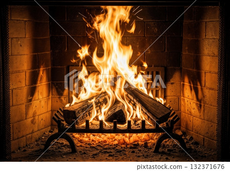 Crackling fireplace flames burning wood logs creating warm cozy atmosphere with dancing fire and glowing embers in home interior hearth 132371676
