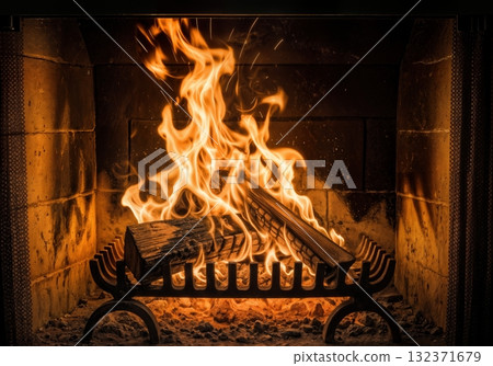Crackling fireplace flames burning wood logs creating warm cozy atmosphere with dancing fire and glowing embers in home interior hearth 132371679