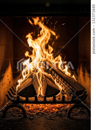 Crackling fireplace flames burning wood logs creating warm cozy atmosphere with dancing fire and glowing embers in home interior hearth 132371680
