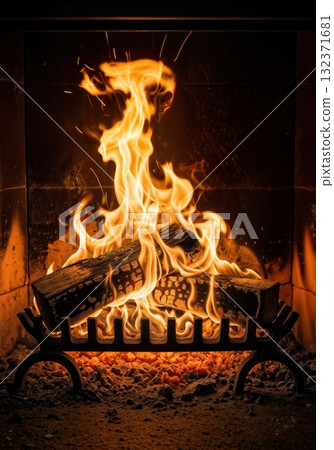 Crackling fireplace flames burning wood logs creating warm cozy atmosphere with dancing fire and glowing embers in home interior hearth 132371681