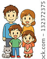Illustration of a young family of four and their pet cat 132372375