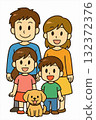 Illustration of a young family of four and their pet dog 132372376