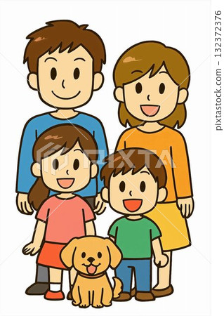 Illustration of a young family of four and their pet dog 132372376