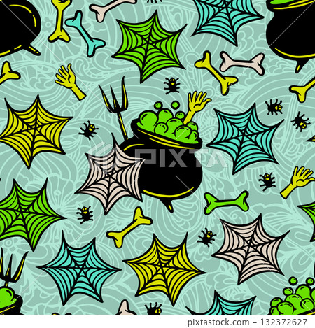 Halloween Cauldron Vector Seamless Pattern in Neon Green and Yellow Colors. Wallpaper Background with Hand Drawn Illustrations, Cute Festive Cartoon Graphic for Festive Designs 132372627