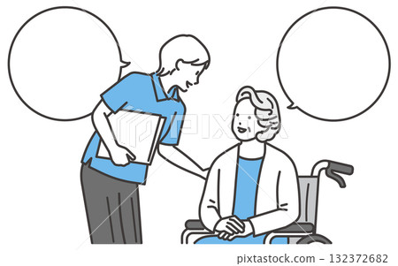 一位老年婦女與護理人員交談的插圖 132372682