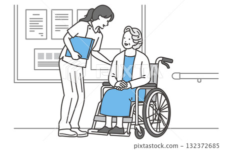 一位老年婦女與護士交談的插圖 132372685