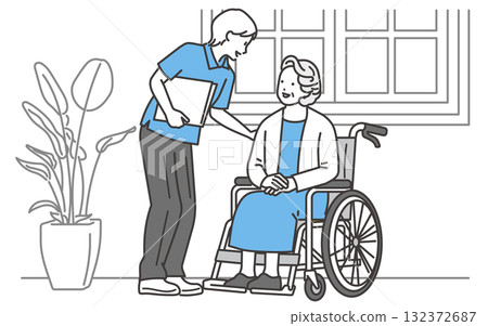 一位老年婦女與護理人員交談的插圖 132372687