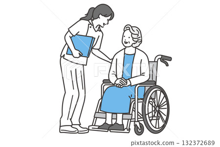 一位老年婦女與護士交談的插圖 132372689