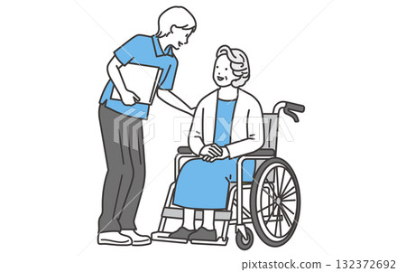 一位老年婦女與護理人員交談的插圖 132372692