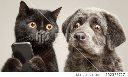 狗和貓看著智慧型手機 132372727