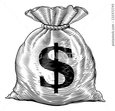 Money Dollar Cash Sack Bag Vintage Woodcut Style 132372745