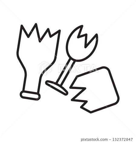 Broken Glass Line Icon: Shattered Bottle and Wineglass Fragments 132372847