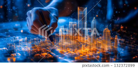 An architect brings architectural designs to life with 3D holographic construction models. Generative AI. An architect brings architectural designs to life with 3D holographic construction models. Generative AI. 132372899