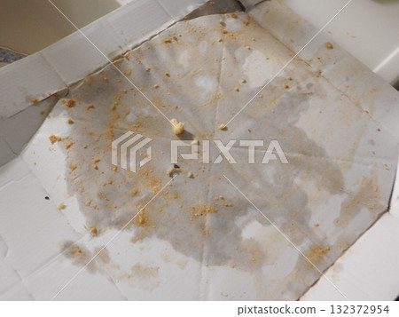 Empty pizza box with grease stains and food residue left behind 132372954