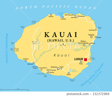 Kauai, one of the main Hawaiian Islands, United States, political map, with capital Lihue. Fourth-largest island of the state of Hawaii, in the North Pacific Ocean, nicknamed The Garden Isle. Vector Kauai, one of the main Hawaiian Islands, United States, political map, with capital Lihue. Fourth-largest island of the state of Hawaii, in the North Pacific Ocean, nicknamed The Garden Isle. Vector 132372969