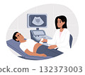 Doctor is performing an ultrasound scan to examine the internal organs. Man in an ultrasound room is talking to a doctor. Ultrasound of the prostate gland. Vector illustration in flat style. 132373003
