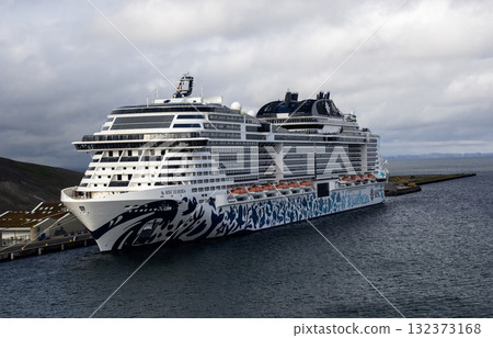 Cruise Ship Docked at Port With Cloudy Sky Backdrop 132373168