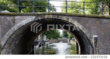 Beautiful Canal Scene Under a Stone Arch Bridge in Amsterdam 132373216