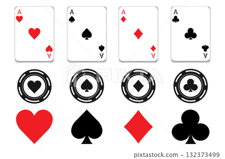 Paying cards four Aces set of Spades, Hearts, Diamonds and Clubs. Poker cards suits. traditional shapes and authentic colors Paying cards four Aces set of Spades, Hearts, Diamonds and Clubs. Poker cards suits. traditional shapes and authentic colors 132373499