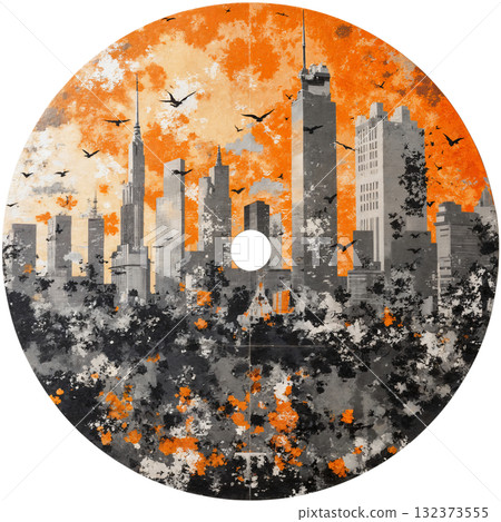 Round paintings for CDDVD disc design - birds over the city Round paintings for CDDVD disc design - birds over the city 132373555