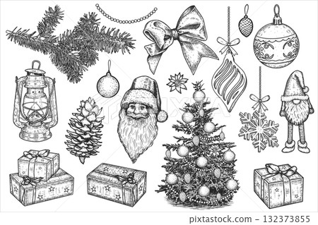 Set of vintage Christmas design elements. Gifts, Christmas tree, New Year decor. Hand drawn vector illustration. 132373855