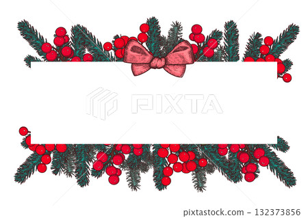 Hand drawn Christmas rectangular frame with fir branches, a pink bow, red berries. Vector illustration. 132373856