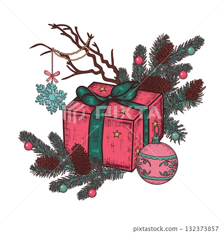 Hand drawn pink gift box with turquoise bow. Vector illustration Hand drawn pink gift box with turquoise bow. Vector illustration 132373857