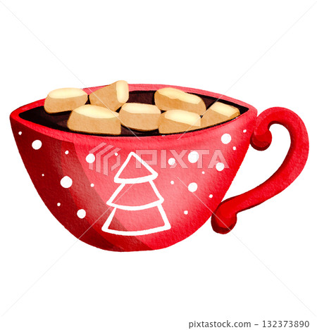 Hot cocoa in a red mug. Warm chocolate in a festive cup with marshmallows. Winter atmosphere, a warming holiday drink. 132373890