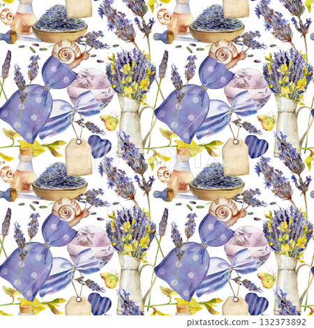 Lavender potpourri sachet bags with bow and tag, lavandula essential oil vial, bath bomb, flowers and bouquet, garden snails butterflies. Hand drawn in watercolor. Provence isolated seamless pattern 132373892