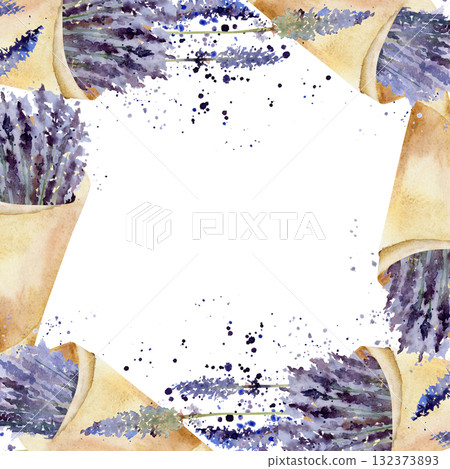 Brown paper cone filled with fresh lavender lavandula sprigs, loose paint splatter. Isolated square border frame illustration hand drawn in watercolor. Botanical eco wrap design, Provence market label 132373893